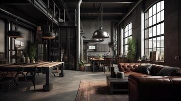 Living room loft in industrial style, 3d render. photo