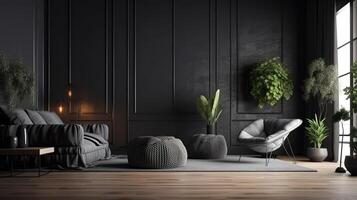 Horizontal canvas on dark grey wall of bedroom with background. photo