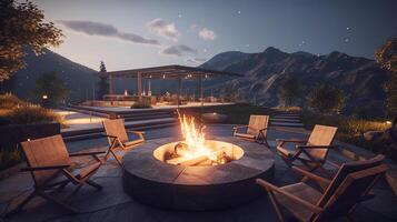 Fire pit and furniture on modern luxury mountain. photo