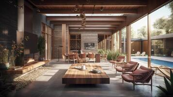 exterior common area with lap pool,fireplace and indoor and outdoor furniture. photo