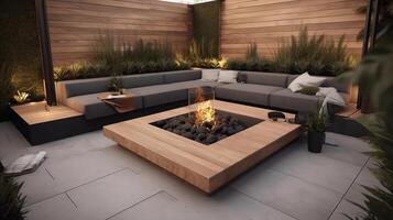 Minimalist outdoor lounge area with a fire pit1. photo