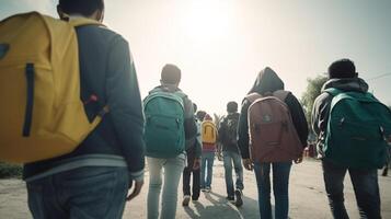 desplazado y determinado, refugiados en un largo y incierto viaje. generativo ai foto