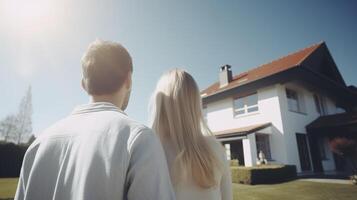 joven familia mirando a su nuevo hogar. generativo ai foto