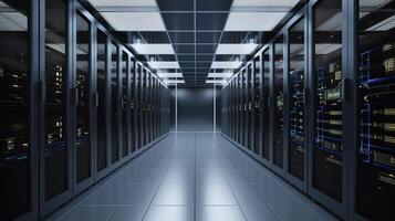 A Network Security Server Room Filled with Computer Racks. photo