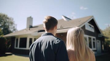 joven familia mirando a su nuevo hogar. generativo ai foto