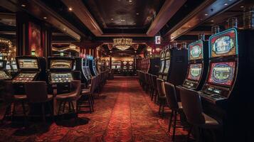 A Lavish Casino Interior with Abundant Slot Machines. photo