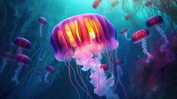 Mystical Oceanic Glow, Enchanting Jellyfish in Underwater World. photo