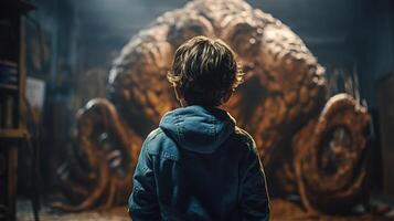 Facing Fears, Brave Kid Confronts Nightmares and Imaginary Monsters. photo