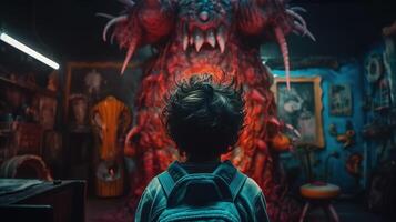 Facing Fears, Brave Kid Confronts Nightmares and Imaginary Monsters. photo