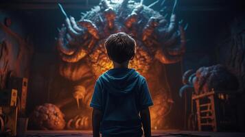 Facing Fears, Brave Kid Confronts Nightmares and Imaginary Monsters. photo