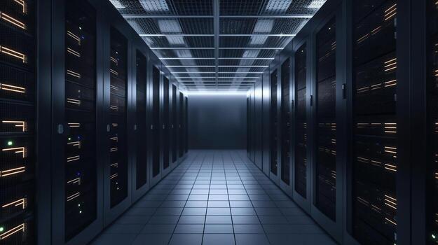 A Network Security Server Room Filled with Computer Racks. photo