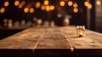 Rustic Elegance, Product Showcase on Wooden Tabletop with Bokeh Lights. photo