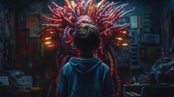 Facing Fears, Brave Kid Confronts Nightmares and Imaginary Monsters. photo