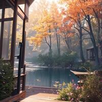 house in the middle of a forest of orange trees with a river on its side photo
