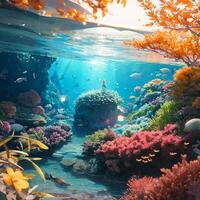 view of the sea below the water, with marine plants and fish photo