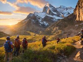 group of explorers heading towards the mountain photo