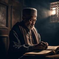 musulmán antiguo hombre Orando en un mezquita con estrellado y creciente Luna Luna noche ai generativo foto