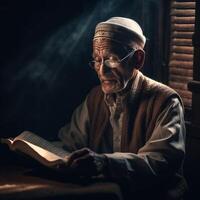 muslim old man praying on a mosque with starry and crescent moon moon night photo