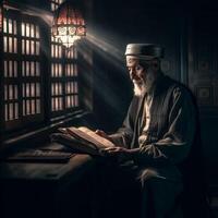 musulmán antiguo hombre Orando en un mezquita con estrellado y creciente Luna Luna noche ai generativo foto