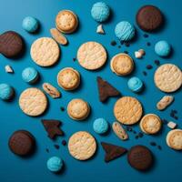 A blue and white cookie with the word cookies on it photo