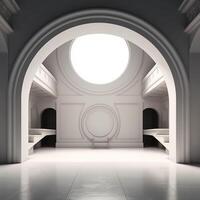 A 3d rendering of a room with a large circle in the middle photo