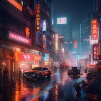 A city street with a neon sign that says cyberpunk on it photo