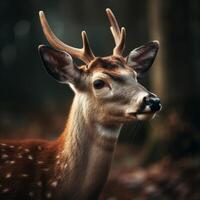 A deer with horns and a black nose is in the woods. photo