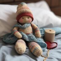 A baby doll on bed and on wooden table photo