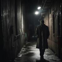 un hombre caminando en calles en noche ai generativo foto