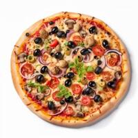 A pizza with mushrooms olives tomatoes and onions on a white background photo