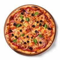 A pizza with mushrooms olives tomatoes and onions on a white background photo