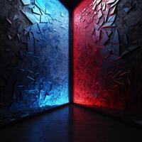 A hallway with red and blue lights on the wall photo