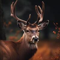 A deer with horns and a black nose is in the woods photo