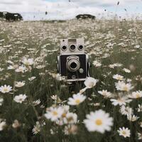 A camera in a field of daisies photo