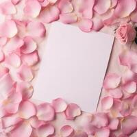 Empty white card mockup on rose petals background. Illustration AI Generative photo