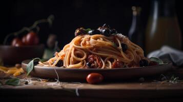 Italian spaghetti puttanesca pasta. Illustration photo