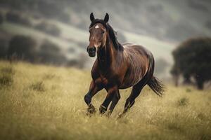 marrón caballo Galopando en el campo. ilustración ai generativo foto
