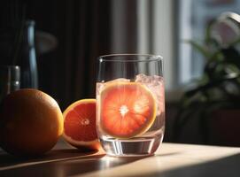 vaso de pomelo jugo con rebanadas de naranja ilustración ai generativo foto