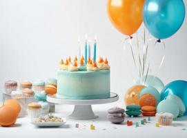 Happy Birthday Background with Cake. Illustration AI Generative photo