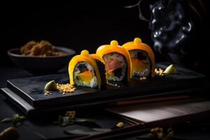 Sushi en negro antecedentes. ilustración ai generativo foto