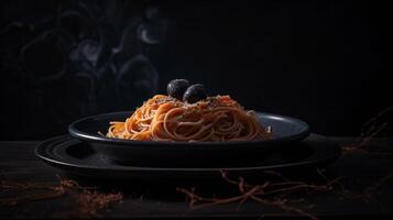 Dark plate with italian spaghetti Illustration photo