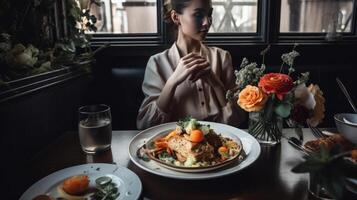 mujer sentado con flor ramo de flores por comida en comida mesa ilustración ai generativo foto