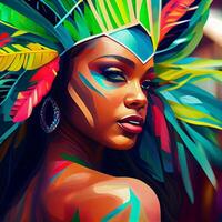 rio Delaware janeiro carnaval fiesta ilustración generativo ai, de cerca mujer en tropical exótico festival traje. estilizado Arte de un brasileño samba bailarín foto