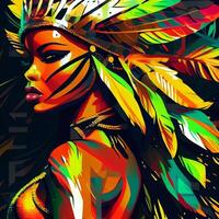 Rio de Janeiro Carnival Party Illustration , close-up woman in Tropical Exotic Festival Costume. Stylized art of a brazilian samba dancer photo