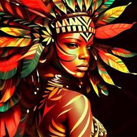 Rio de Janeiro Carnival Party Illustration , close-up woman in Tropical Exotic Festival Costume. Stylized art of a brazilian samba dancer photo