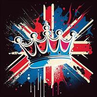 UK Royal Crown on Great Britain flag background, poster in retro style of the 70s. photo