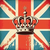 Reino Unido real corona en genial Bretaña bandera fondo, póster en retro estilo de el años 70 generativo ai foto