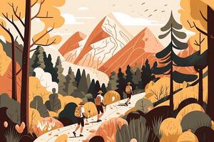 Tourists people group hiking in mountains and forest. People with backpacks hold trekking pole. The concept of discovery, exploration, hiking, adventure tourism and travel. Illustration . photo