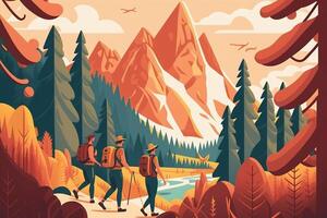 Tourists people group hiking in mountains and forest. People with backpacks hold trekking pole. The concept of discovery, exploration, hiking, adventure tourism and travel. Illustration . photo