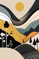 Abstract landscape illustration with forest, mountains, hill, tree. Curve nature shapes, Mid-Century Modern style. . photo